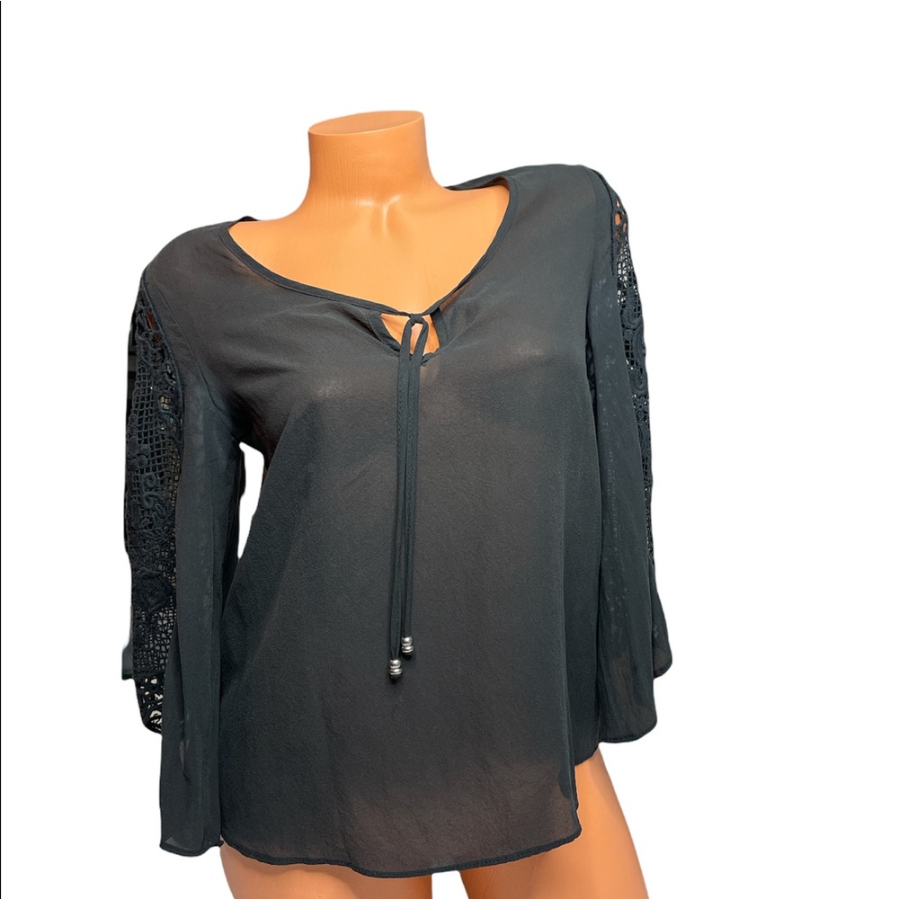 Leyendecker Womans Black Silk Lace Detailed Long Sleeve Top Size 2